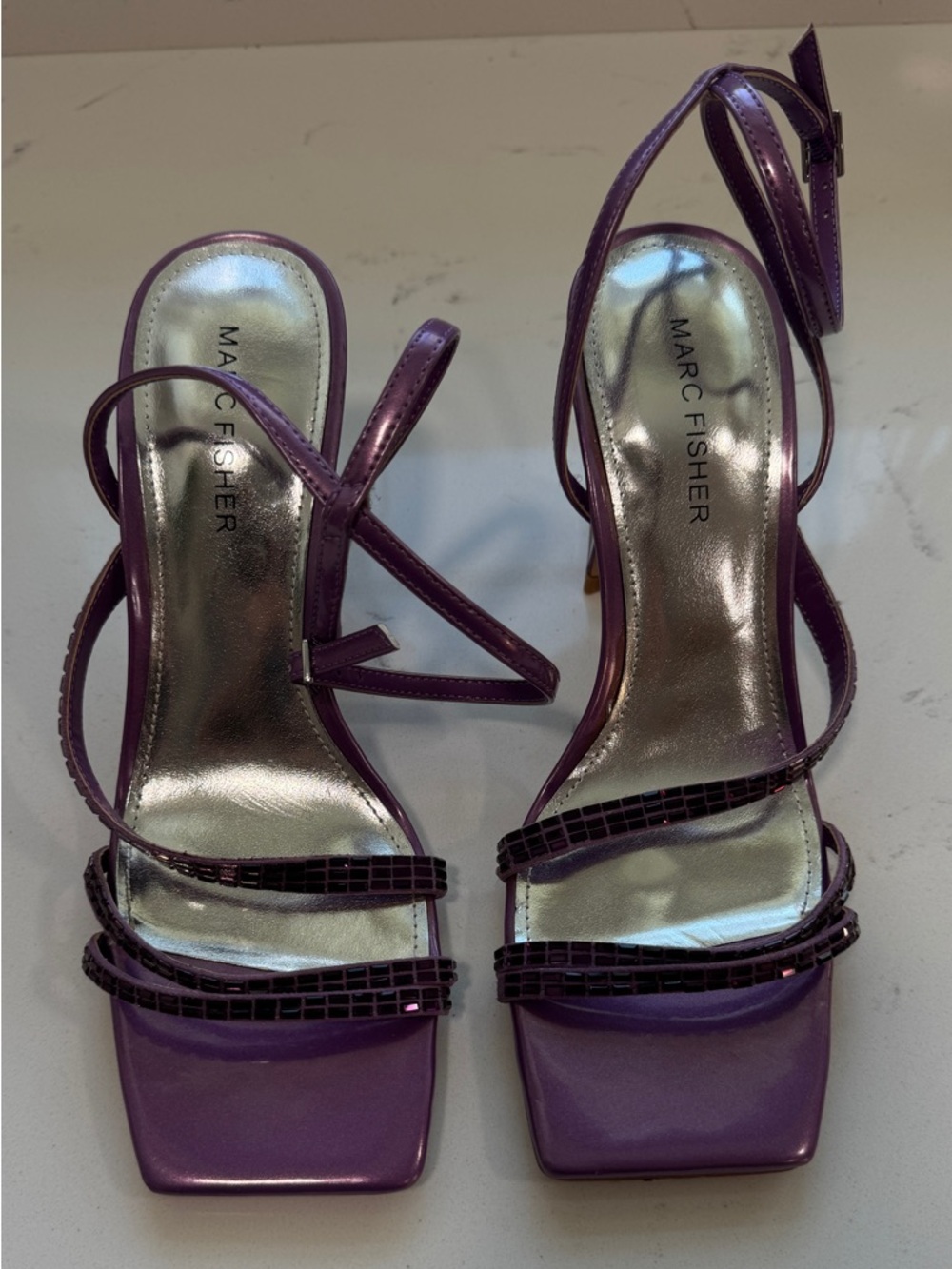 Marc Fisher Purple Strappy Square-Toe Heels with Sparkle Accents